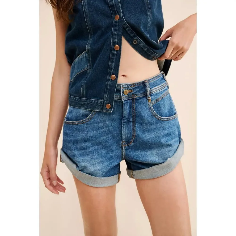 Anthropologie Pilcro Rolled Single Back Welt Pocket Cotton Denim Shorts 25 - Picture 1 of 11